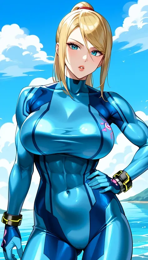 傑作、Best quality、Best resolution、Best image quality、amazing quality、 very aesthetic、 absurdres、1woman、ZSSamus、blonde hair、ponytail hair、strong muscles、ponytail hair、blue eyes、body suit、zero suit、blue body suit、blue clothes、gigantic breasts、muscular and stro...