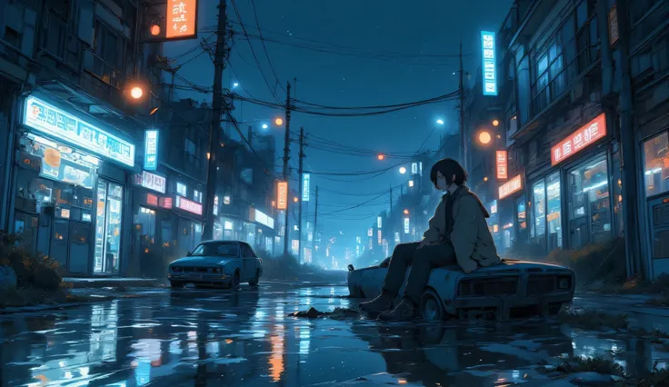 “Flooded abandoned street reflecting neon lights, quiet raindrops, lofi color grading, figure sitting on a broken car listening to music, peaceful sadness.”
