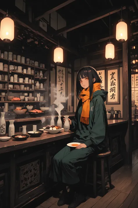 flat color, clean line, masterpiece, top quality, anime style, cinematic lighting, long shot, full-body view, the woman fully visible from head to toe, sitting on a cozy wooden counter in an old Japanese folk-house style izakaya (oden shop). Warm atmospher...