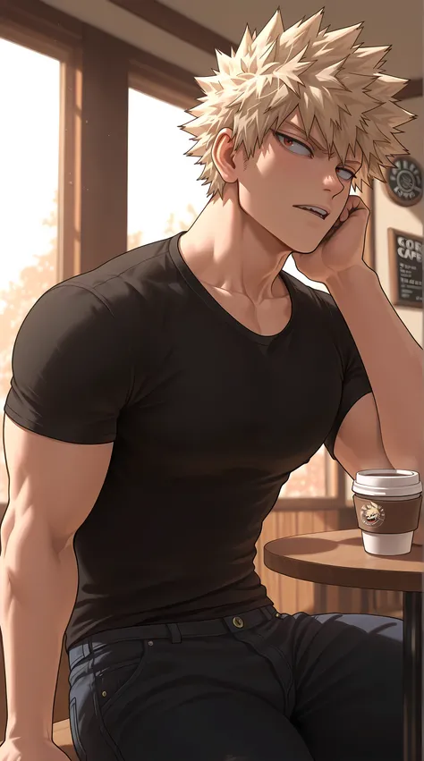 1man, Katsuki Bakugou, Boku no hero anime style, calm but intimidating glare softened by the warm light.
Pose: sitting by the window, one arm resting on the table, hand curled around a coffee cup.
Outfit: beige jaquet slightly open, black t-shirt underneat...