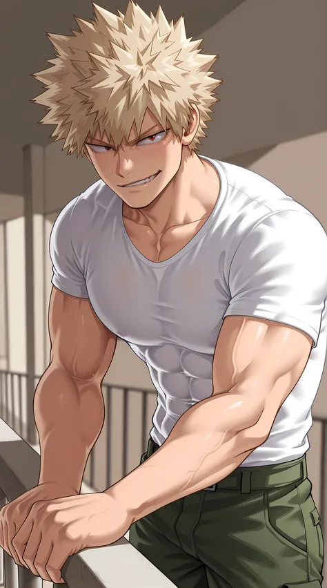 1man, Katsuki Bakugou, hair blowing in the wind, low smirk.
Pose: leaning forward with both forearms on the balcony railing, shirt rising from the wind, showing abs and V-line.
Outfit: simple white T-shirt, low-rise cargo pants.
Setting: nighttime city wit...