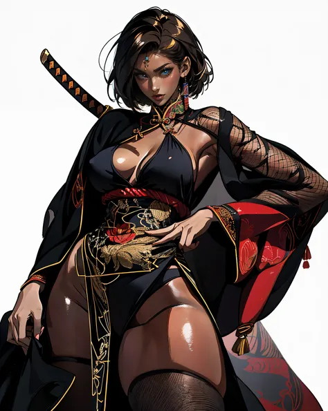 (absurdres, highres, super resolution), (((solo))), (1girl:1.5), (((white background))), ((No background created)), ((( visible chest bone ))), (((big boobs))), side slit skirt, Chinese Three Kingdoms dress costume, fishnet stockings, Samurai girl, linger...