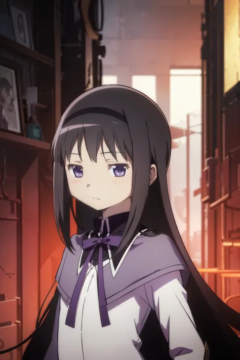 homuramagica, 1girl, solo , front view, looking at viewer, long hair, straight hair, (long horizontally face:1.3, short vertically face:1.3), purple eyes , upper body ,standing, slender body, flat chest, Masterpiece, super high resolution, detailed eyes ...