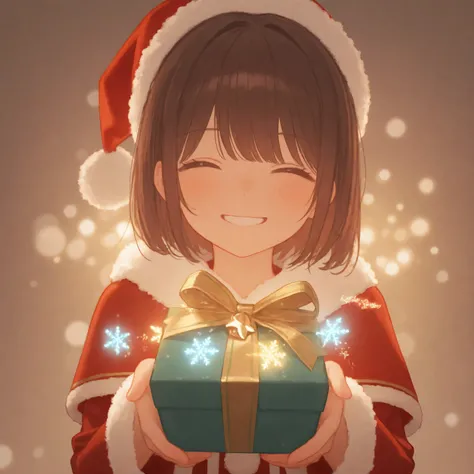 cute anime idol girl, fluffy brown hair with bangs, wearing a festive Christmas outfit with ribbons and a Santa hat, bright cheerful smile, holding a small present, bright daytime Christmas scene, softly glowing decorations, snow gently falling, cozy and j...