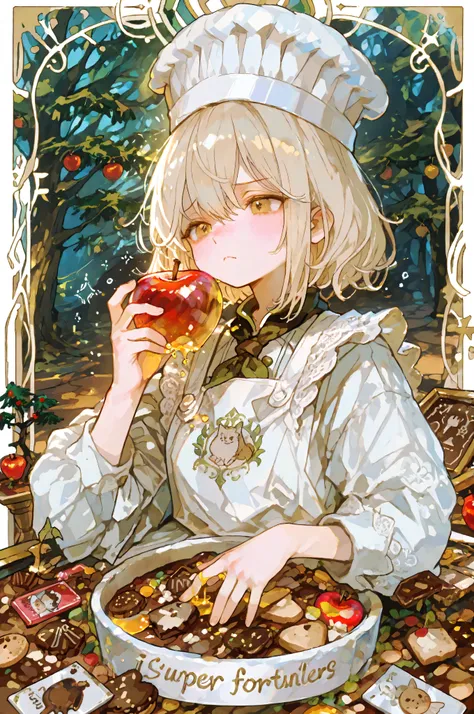 High Quality, greatest masterpiece, super definition, cute anime girl, Fusion Costume for Patissiers and Fortune Tellers, White Chef Hat, Embroidered Apron with Tarot Cards, Holding an Apple in the Shape of a Crystal Ball in Your Hand, Magical Powdered Sug...