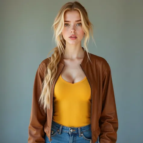 A realistic, high resolution photograph of a beautiful Caucasian woman in her 20's; full body frontal view facing the camera with her arms at her side, looking at the camera. There is extra space in the photo above her head. She has a very long, very wavy ...