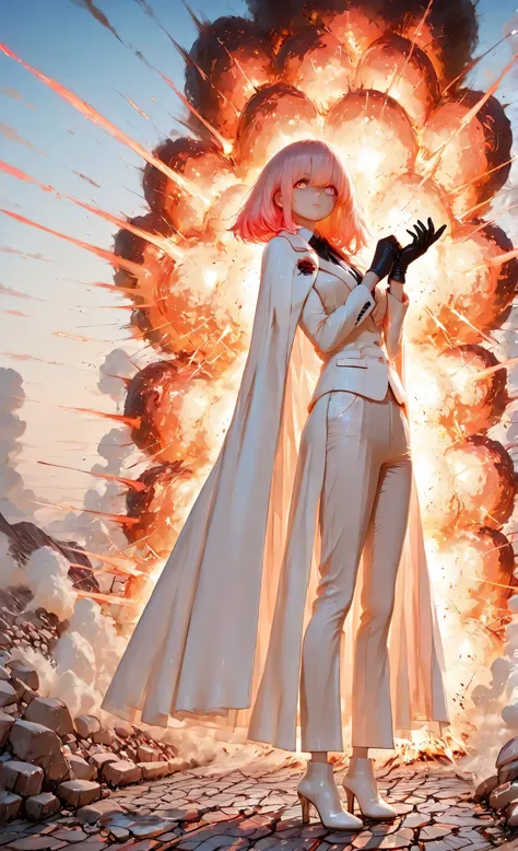 ultra-detailed, high detail, best quality, masterpiece, awoman in white suit adjusting gloves calmly, Empty eyes, explosion shockwave expanding behind her, cracked pavement, dust cloud rising, glowing sparks, full body, realistic shadows