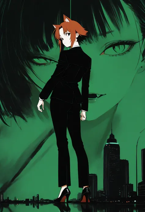 suit thug,reversed negative/positive image,inverted image,(masterpiece,high quality,ultra-detailed:1.2),perfect anatomy,anime style, anime,1 girl,beautiful girl,cute,suits,high heels,cat ears,fangs,night city,reversed negative/positive image,stylish compos...