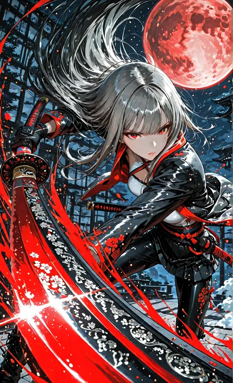 girl close up, High Quality, masterpiece, drawn down to the smallest detail, ink painting style, only two colors of black and red, Girl in a Black Suit, long gray hair, Cold Stares, dynamic pose, hold a Japanese sword, Urban Skyscrapers, Night view, The mo...