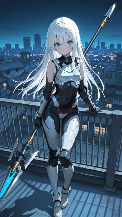 masterpiece, best quality, photography, ultra high resolution, faded color, an anime girl, cute face, armored girl, slender body, clear skin, mechanical spear, spear aimed, targeting using spear, (Hold the spear with one hand), blue eyes, absolutely white ...
