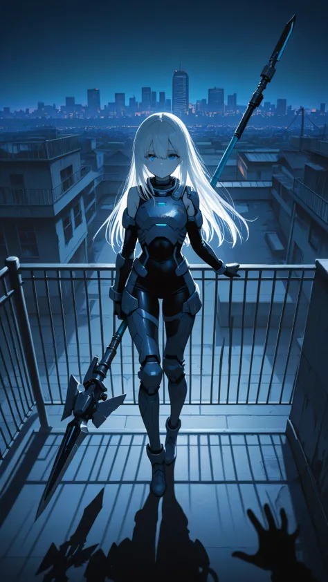 masterpiece, best quality, photography, high contrast, cenematic painting, ultra high resolution, faded color, an anime girl, cute face, armored girl, slender body, clear skin, mechanical spear, spear aimed, targeting using spear, (Hold the spear with one ...