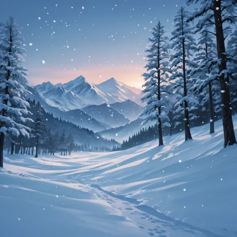 Highly detailed field covered in snow, falling snow, cold lighting, anime style, mountains in the background, trees