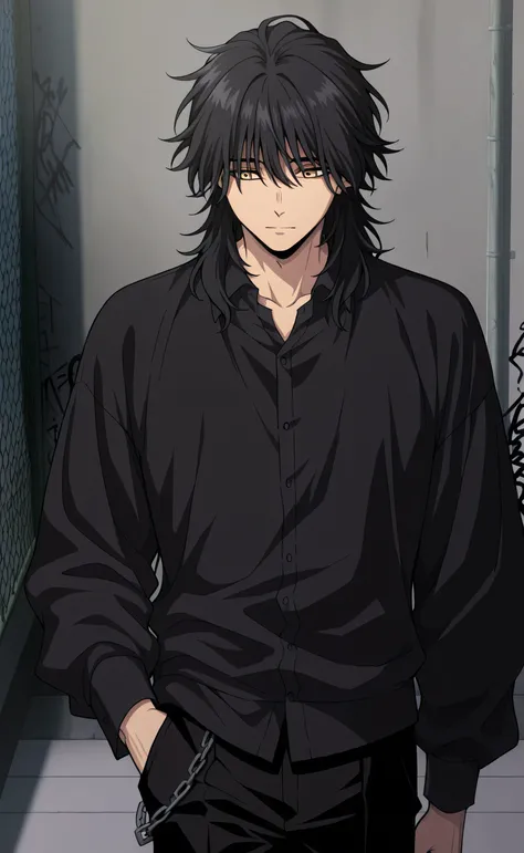 1male, solo, Suoh Mikoto, black hair, medium hair, yellow eyes, grim, black long sleeve dress shirt, black pants, chain pants, muscle, hand in pocket, school, rooftop, graffiti, male focus, look at the view, Kaoru Hana wa Rin to Saku