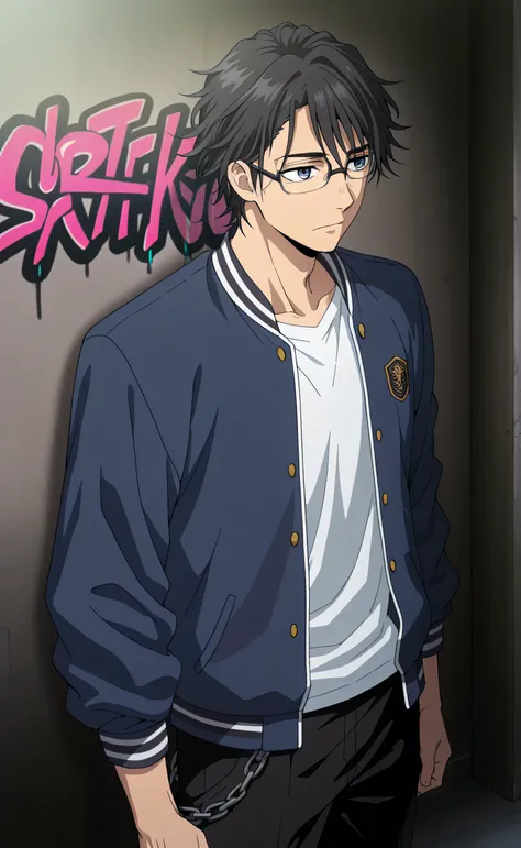 1male, solo, Fushimi Saruhiko, black hair, short hair, blue eyes, glasses, grim, blue jacket, white shirt, black pants, chain pants, muscle, school, graffiti, male focus, look at the view, Kaoru Hana wa Rin to Saku