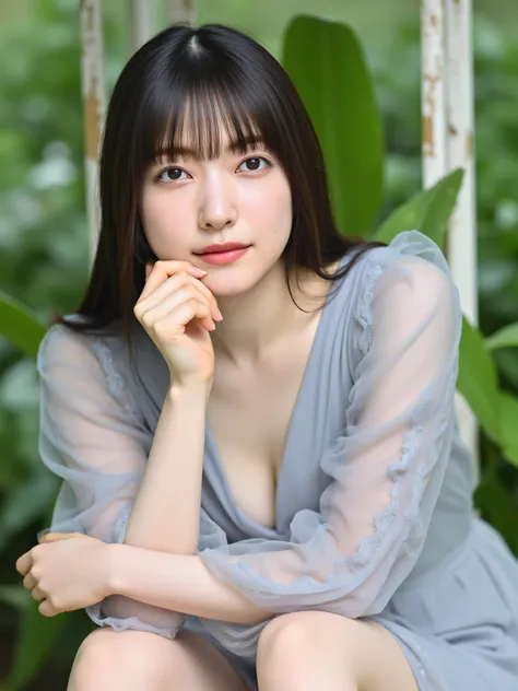 Facial close-up, This is a photograph of a young woman with long, straight, hair, styled with blunt bangs. She has fair skin and a delicate, youthful face with subtle makeup, including light pink lipstick. Her eyes are soft and brown, and she has a gentle,...