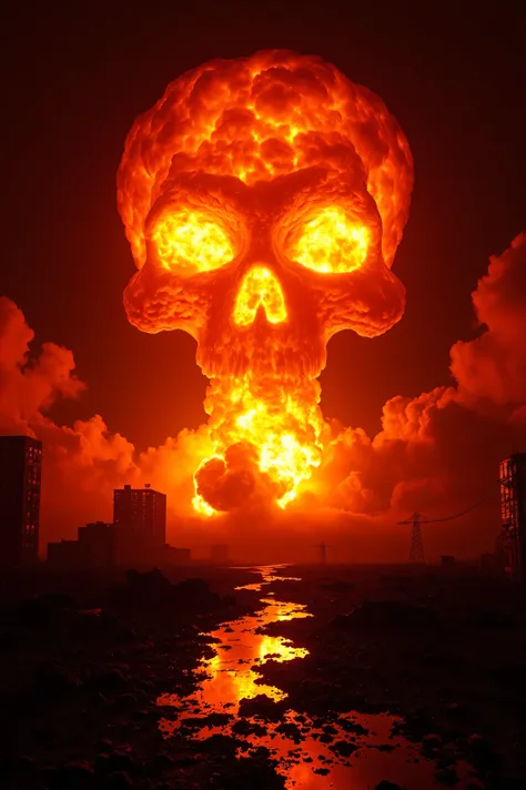 Ultra-realistic, photo-realistic, ultra-detailed, physically-based rendering, 3D rendered realism, UHDR, high-res, icon style, startling presence. A massive, skull-shaped atomic explosion dominates the upper 75% of the frame. The mushroom cloud, rendered i...
