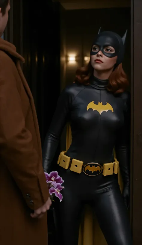 Dramatic lighting, dark shadows, technicolor film still, Waist level shot, cowboy shot, chtistina ricci with dark red hair dressed as Batgirl, she is in crystal clear focus, wearing a dark charcoal gray rubber bodysuit, (((no covered nipples))) batgirl sym...