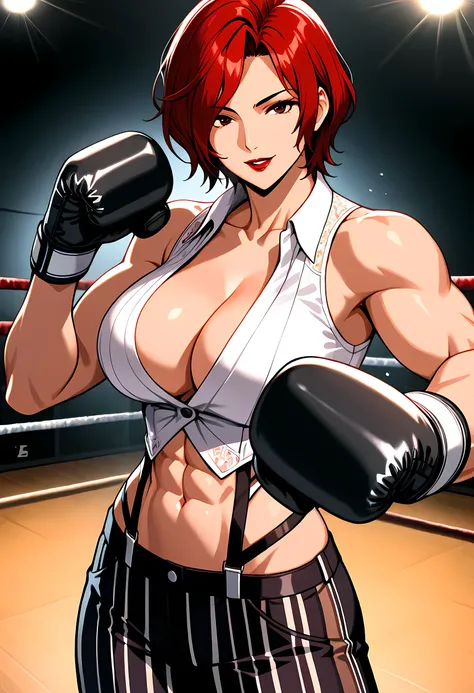 Anime style, 1 girl, solo, looking at viewer, mature woman, ((Vanessa from KOF)), short red hair, waved hair, parted bangs down, brown eyes, red lips, soft smile, parted lips, white tanktop, big breasts, abs, toned body, slim waist, attractive, motherly, l...