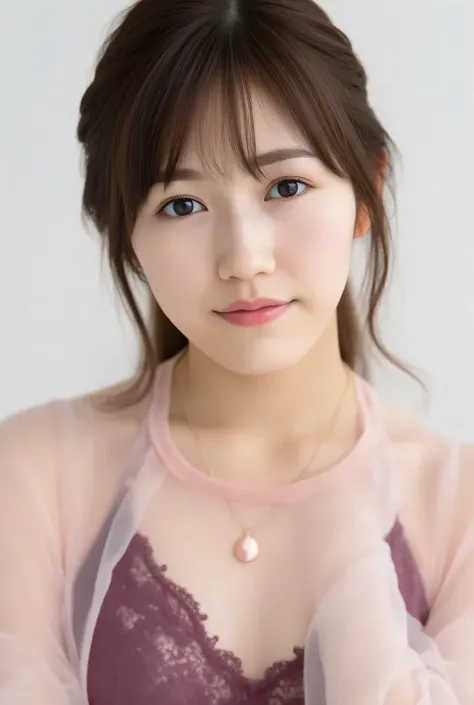 A striking portrait of a young woman, prominently featuring her soft facial features and captivating expression. Her long, tousled hair frames her face, enhancing her confident pose. She wears a delicate, sheer pink shirt unbuttoned to reveal a rich maroon...