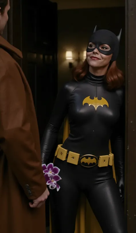 Dramatic lighting, dark shadows, technicolor film still, Waist level shot, cowboy shot, chtistina ricci with dark red hair, eye makeup and lipstick, dressed as Batgirl, she is in crystal clear focus, wearing a dark charcoal gray rubber bodysuit, (((no cove...