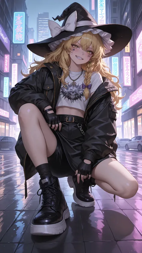 Kirisame Marisa, witch hat, white ribbon, black dress, white short sleeves shirt, black skirt, high quality, perfect photography, ultra-detailed, glitter eye makeup, dramatic long eyelashes,hip-hop idol fusion style, street-fashion outfit,  oversized bombe...