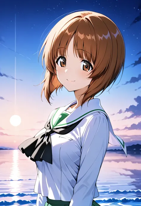 top quality、Good quality、Night Sky、Beautiful Moon、A lot★、horizon、standing on liquid、It's standing on the surface of the water 、 upper body、 center、 taken from the front 、smile, smiles on the vase、 closed mouth、Nishizumi Miho 、 ONE GIRL、solo 、 small brea...