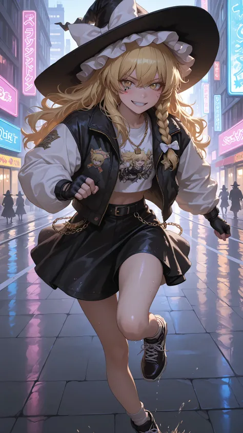 Kirisame Marisa, witch hat, white ribbon, black dress, white short sleeves shirt, black skirt, high quality, perfect photography, ultra-detailed, glitter eye makeup, dramatic long eyelashes,hip-hop idol fusion style, street-fashion outfit,  oversized bombe...