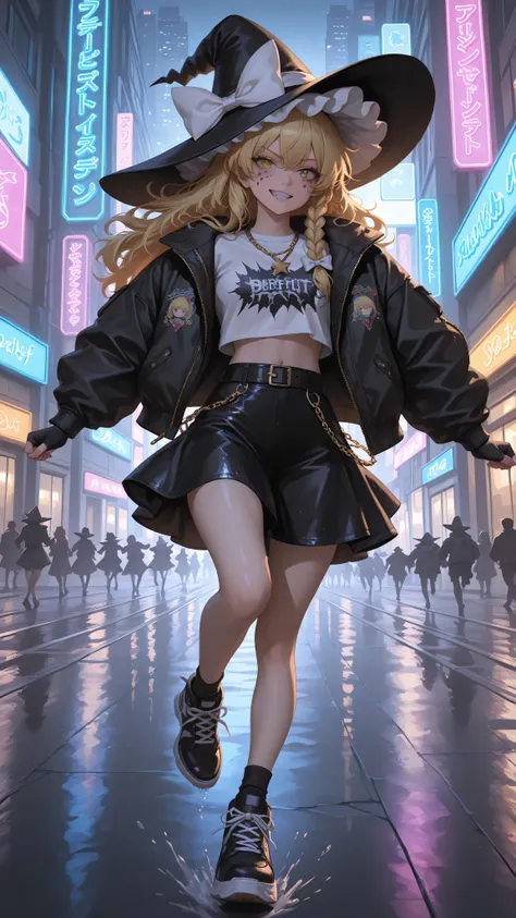 Kirisame Marisa, witch hat, white ribbon, black dress, white short sleeves shirt, black skirt, high quality, perfect photography, ultra-detailed, glitter eye makeup, dramatic long eyelashes,hip-hop idol fusion style, street-fashion outfit,  oversized bombe...