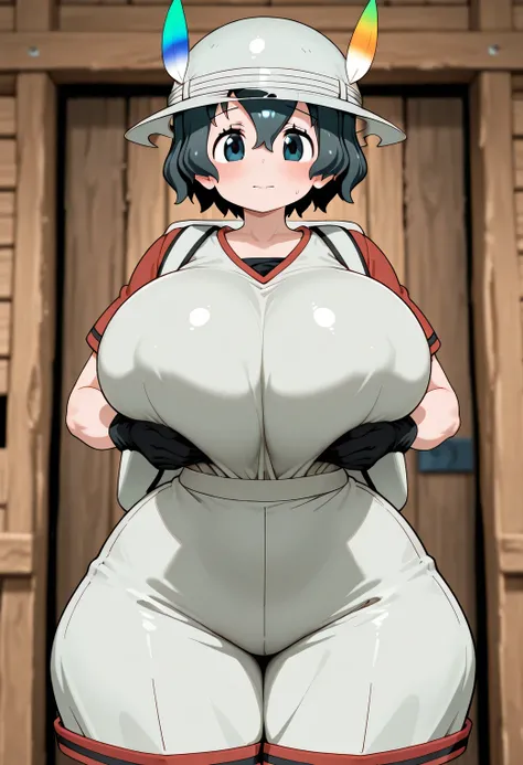 kaban (kemono friends), (huge breasts:1.5), (thin waist:1.1), (huge hips:1.3), cowboy shot