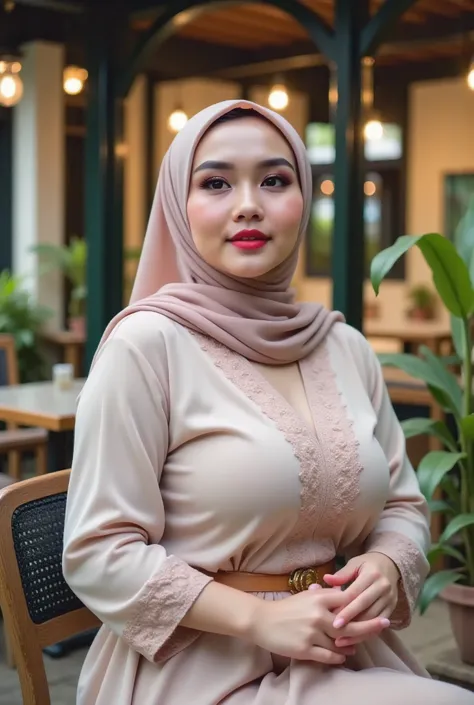 The prompt 

Create high detailing photo A young woman age 20th height 150 weight 57 beautiful wearing a graceful light ash colored hijab, duduk di kafe malam dengan pencahayaan yang hangat dan elegan. Dia mengenakan atasan putih longgar dengan tekstur lem...