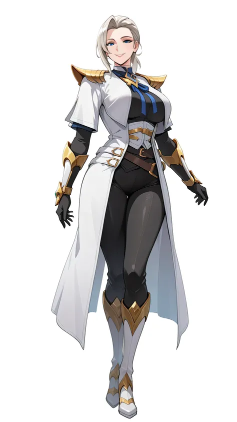 SilvanaBase, a mature woman, blue eyes, light blonde hair, long haircut, coleta de caballo, side bangs, long white gabardine coat with gold details,gold shoulder pads decorated with sharp tips, black shirt, open coat, Gloves, black sleeves with gold trim, ...