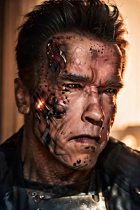 Can you draw a clear expression of、with half an end skeleton with special makeup,can you draw a more delicate expression,dark background，,Terminator Soldier,50 years old，dark-haired man,Half of his face is silver,can you draw a man with a metal skeleton wi...