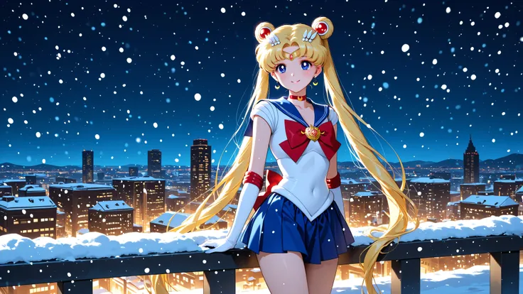 Sailor moon, smile, hip, waist, city, night, snow