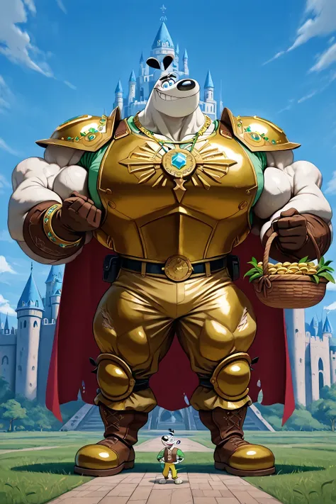A Giant muscular dudley puppy (T.U.F.F Puppy), white dog, gigantic chin, cartoon 2d style, saturaded colors, giant size, macro size, full body, gigantic muscular body, giant castle background, Masterpiece, best quality, high quality, detailed, Dudley Puppy...