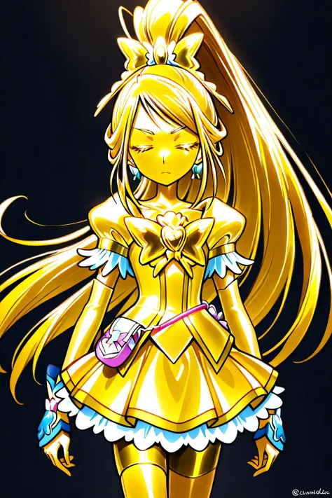 Cure Aqua, masterpiece, top quality, Newest, very high resolution with glasses in one hand, closed eyes, gold髪, jaundice, closed mouth, no students, Yellow skin, glossy skin, gold属の肌, black eyebrow , Drooping eyebrows, 1girl, solo, Cowboy Shots, is stan...