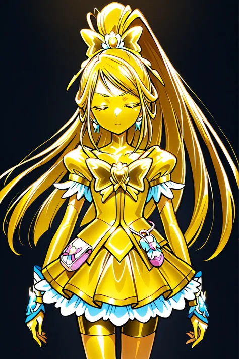 Cure Aqua, masterpiece, top quality, Newest, very high resolution with glasses in one hand, closed eyes, gold髪, jaundice, closed mouth, no students, Yellow skin, glossy skin, gold属の肌, black eyebrow, Drooping eyebrows, 1girl, solo, Cowboy Shot, is standi...