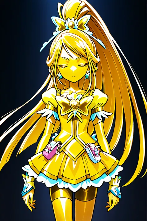 Cure Aqua, masterpiece, top quality, Newest, very high resolution with glasses in one hand, closed eyes, gold髪, jaundice, closed mouth, no students, Yellow skin, glossy skin, gold属の肌, black eyebrow, Drooping eyebrows, 1girl, solo, Cowboy Shot, is standi...