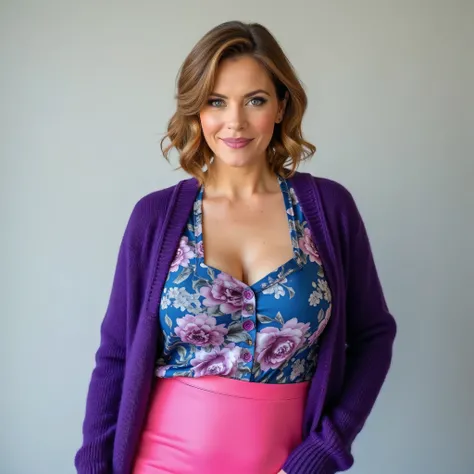 A realistic, high resolution photograph of a beautiful Caucasian woman in her 40's; full body frontal view facing the camera with her arms at her side, looking at the camera. There is extra space in the photo above her head. She has a short wavy honey brow...