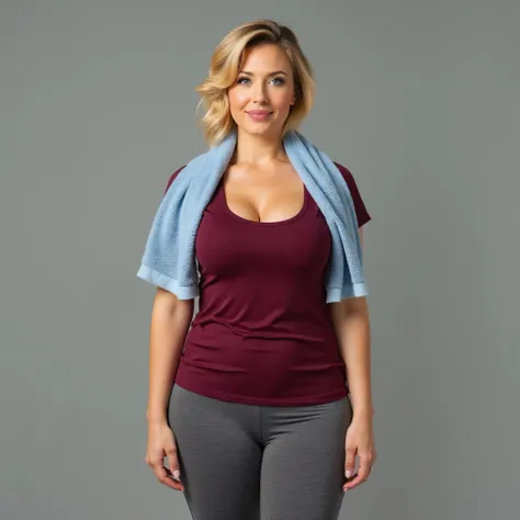 A realistic, high resolution photograph of a beautiful Caucasian woman in her 40's; full body frontal view facing the camera with her arms at her side, looking at the camera. There is extra space in the photo above her head. She has a short wavy dirty blon...