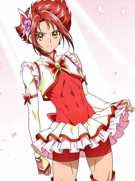 score 9 、score 8 up、score 7 up、source anime、傑作、Best quality、Best resolution、Best image quality、anime coloring、anime screencap、anime screenshot、official art、1boy、cure rouge is a boy warrior、red hair、short hair、brown eyes、spiked hair、solo、jewelry、pink flower...