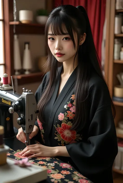 A tailor. She is sitting in a chair, using a sewing machine on the desk to make clothes.
She is a beautiful Japanese woman with long black hair and a black kimono with intricate floral embroidery.
You can't draw hands. Blur the hands you can't draw. Hide t...