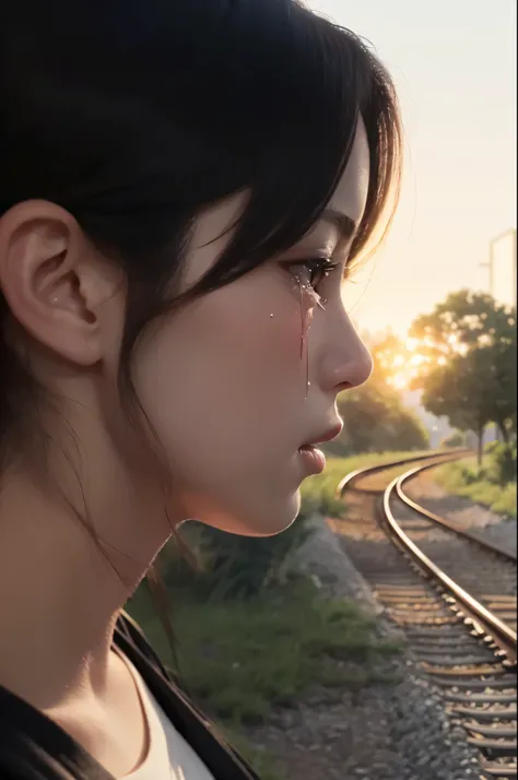 gl0ssy_vray_8k,KAREN,(crying high school girl,Forgetting the train),(Station Home,the train moving away,Distant view),(high quality , high resolution , high-definition illustration , masterpiece , very detailed , high resolution , anatomically correct,perf...