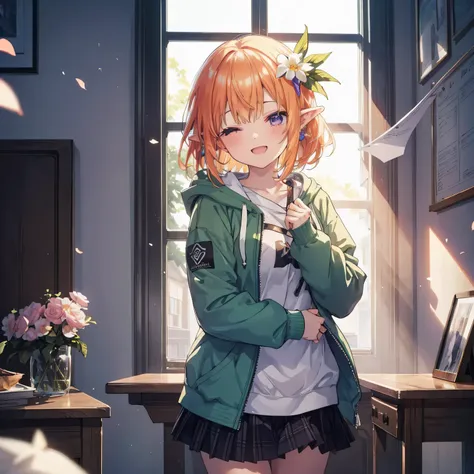  The Hidden Hand, {{{ONE GIRL}}}, beautiful girls with great attention to detail, GameCG, Sparkle, Spring flowers, Body with seven heads,One curl on the outside, Elf Ears,short bob hair, Pastel Orange Hair, Purple Eyes,Stylish accessories solo, bust up, me...