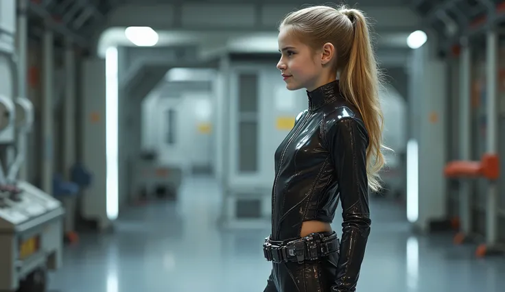 High-quality full-length photo of a ten-year-old girl, in the image of a space fleet engineer, in a tight-fitting, thin and elastic, smaller than the equipment needs, made of super-thin high-tech material with transparent inserts all over the girl's body a...