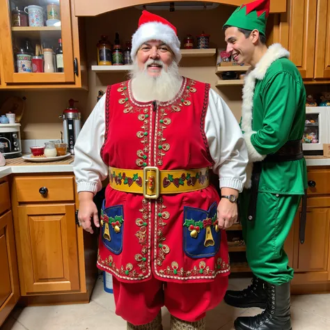 an elderly female that is extremely obese, mrs claus, in the north pole, in a kitchen made by elves, wearing an Oaxacaapron that is red with candy cane accents and blue pockets with gold bells embroidered, the woman wears red furry pants, the woman is wear...