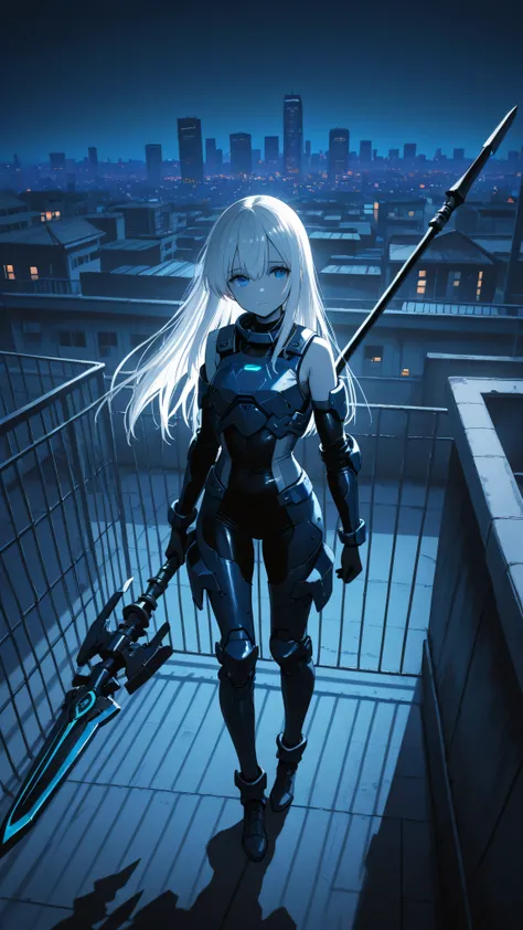masterpiece, best quality, photography, high contrast, cenematic painting, ultra high resolution, faded color, an anime girl, cute face, armored girl, slender body, clear skin, mechanical spear, spear aimed, targeting using spear, (Hold the spear with one ...