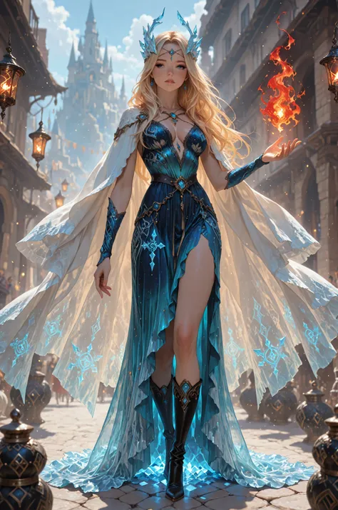 ice,aidmaMJ6.1,a sorceress casting a azure ice spell in magical festival, exquisite beautiful human woman, blond hair, long hair, dark colorful dress, intricate dress, silk dress, small cleavage, white cloak, high heeled boots, and icy magical runes in the...