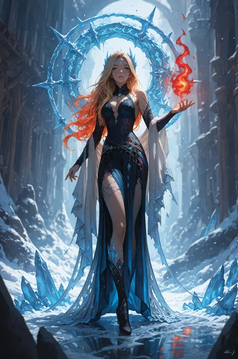 ice,aidmaMJ6.1,a sorceress casting a azure ice spell in magical festival, exquisite beautiful human woman, blond hair, long hair, dark colorful dress, intricate dress, silk dress, small cleavage, white cloak, high heeled boots, and icy magical runes in the...