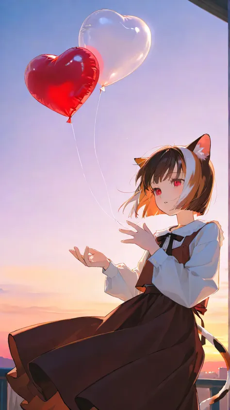 ultra-detailed, single girl, older child, preteen,
delicate illustration, detailed eyes, detailed face,
like cat eyes, red eyes,
calico hair, long bob hair, cat ears,
releasing a heart-shaped balloon,
open hand, fingers slightly spread,
balloon floating u...