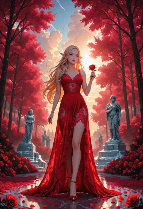 ice,Movie Still,Film Still,Cinematic,Cinematic Shot,Cinematic Lighting,Aesthetic_PDXL, red petals falling from the sky on a beautiful a statue made from ice female elf,  full body, long hair strands, wearing lace dress, colorful dress, wearing high heels, ...